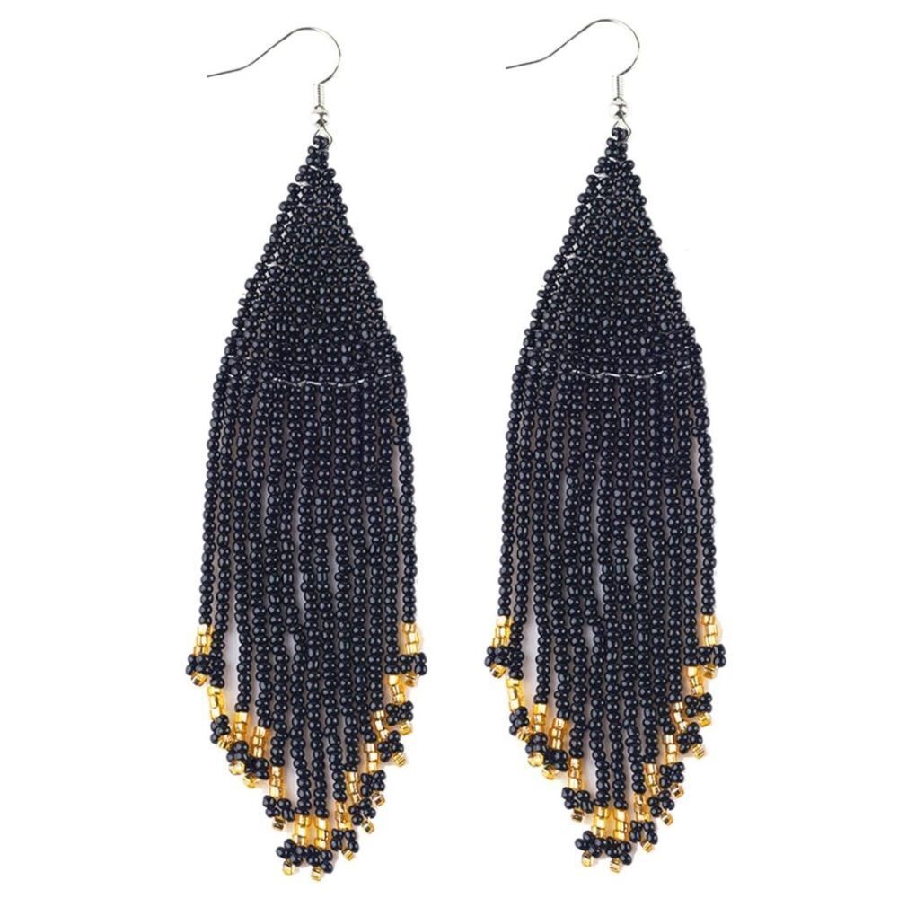 Black Bohemian Seed Bead Tassel Dangling Statement French Wire Hook Earrings